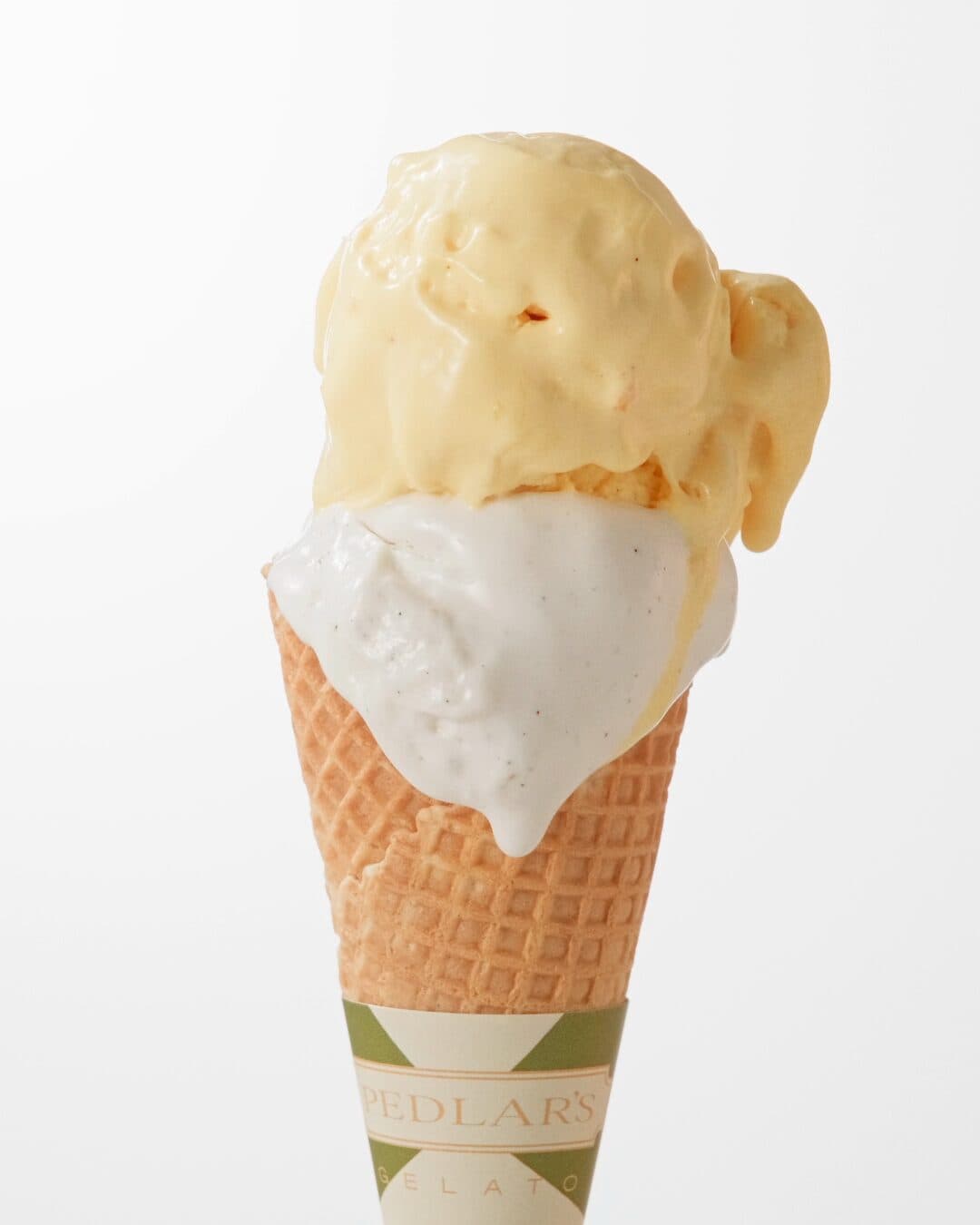 Gelato cone on a clean white background, Pedlars Gelato product shot